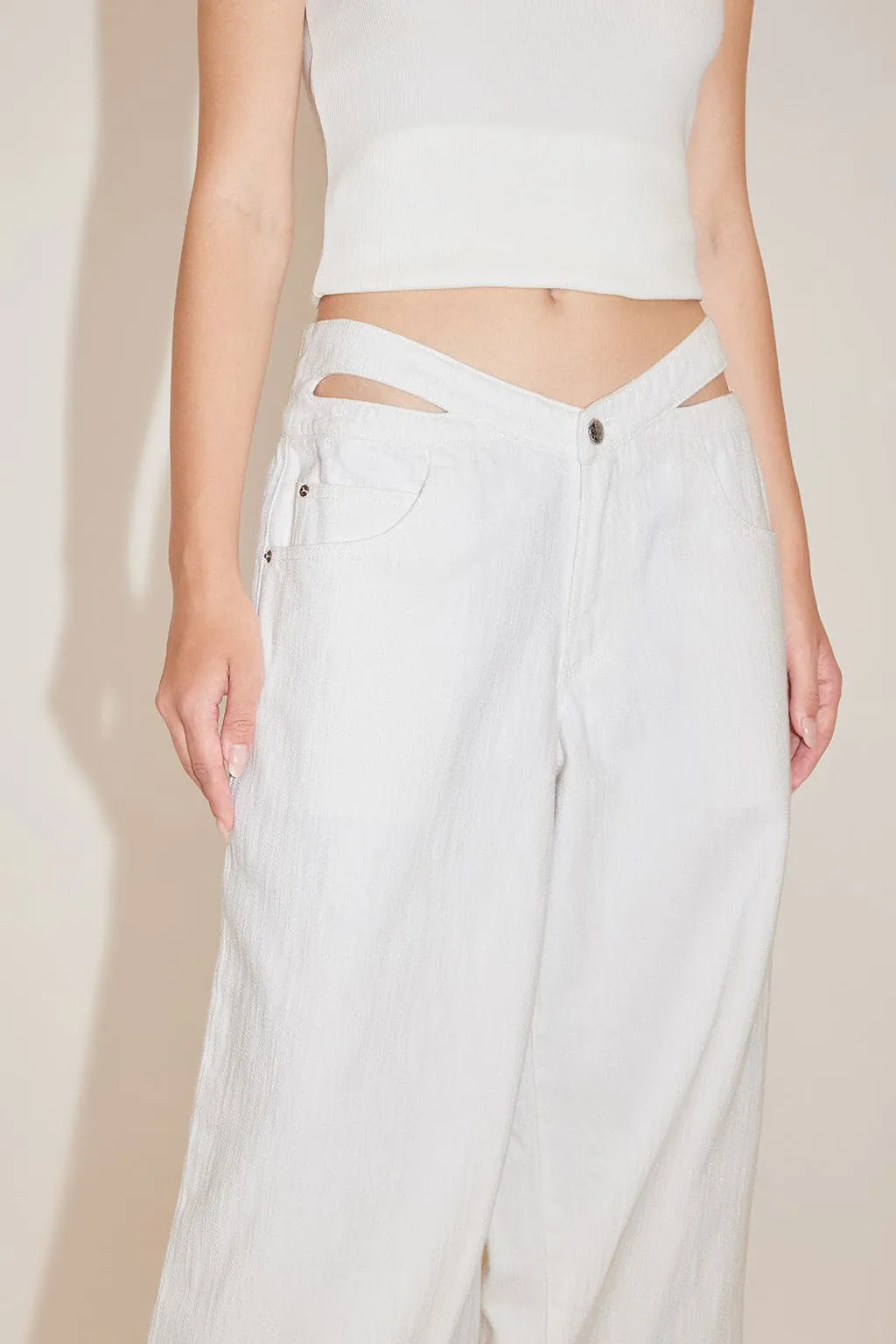 Cut Out White Wide Leg Jeans