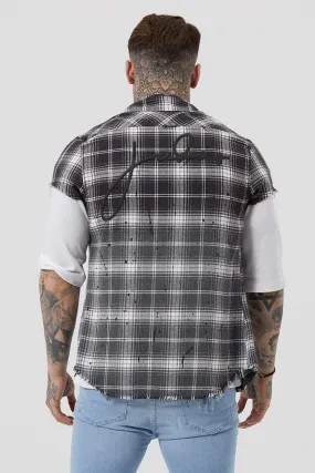Fear Cut Off Dip Dye Plaid Men's Shirt - Black Check