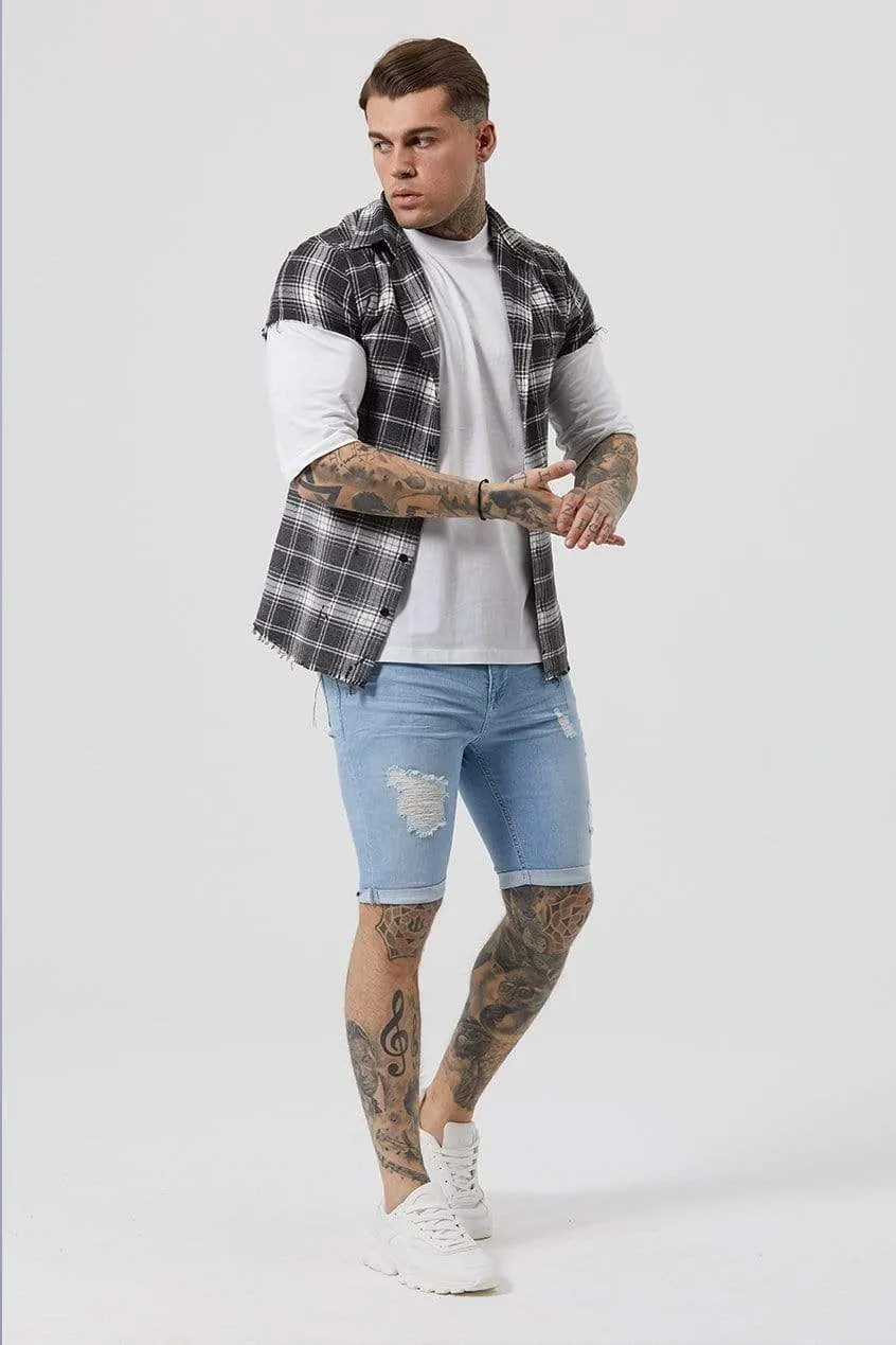 Fear Cut Off Dip Dye Plaid Men's Shirt - Black Check