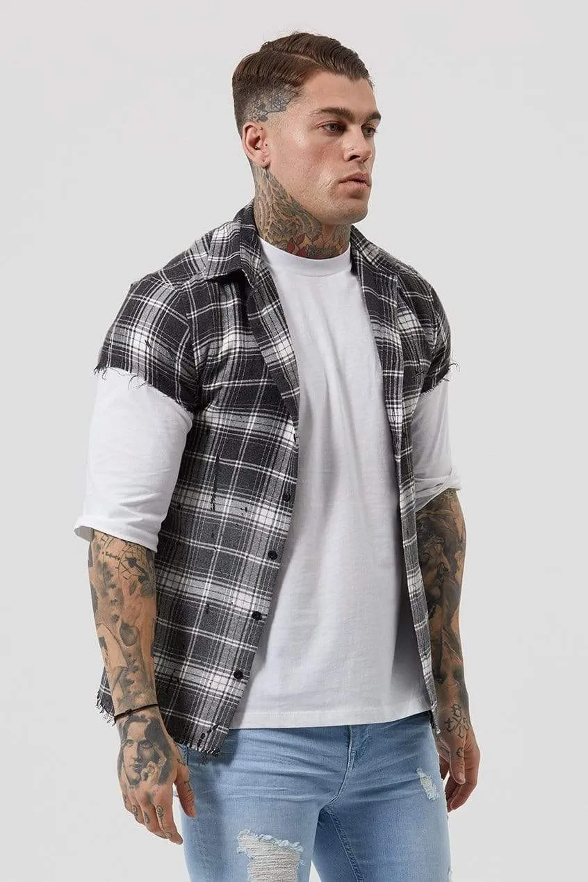 Fear Cut Off Dip Dye Plaid Men's Shirt - Black Check
