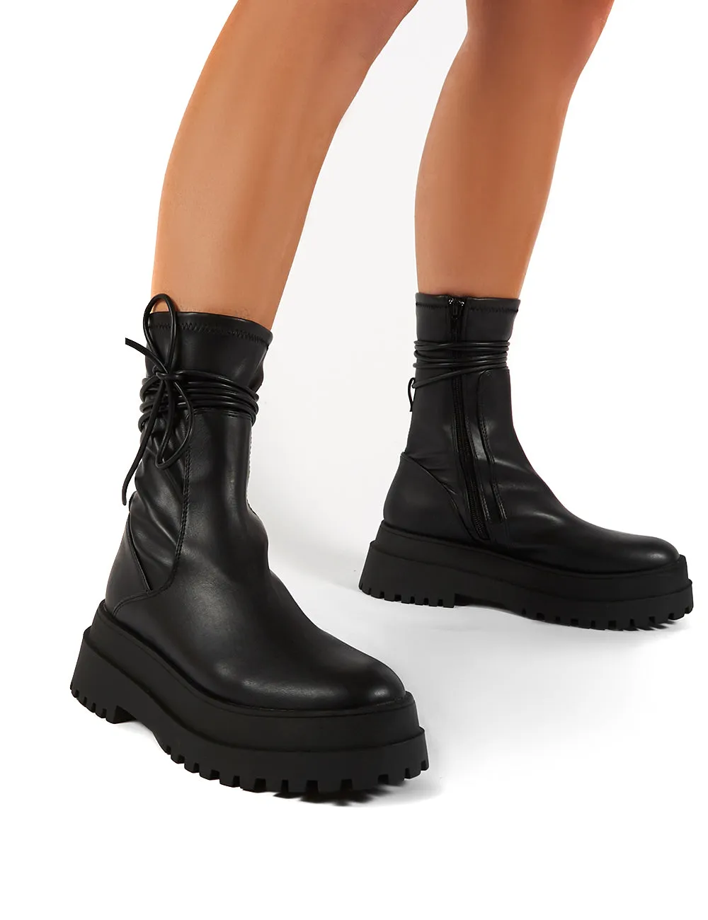 Finale Black Wide Fit Chunky Sole Ankle Wrap Boots