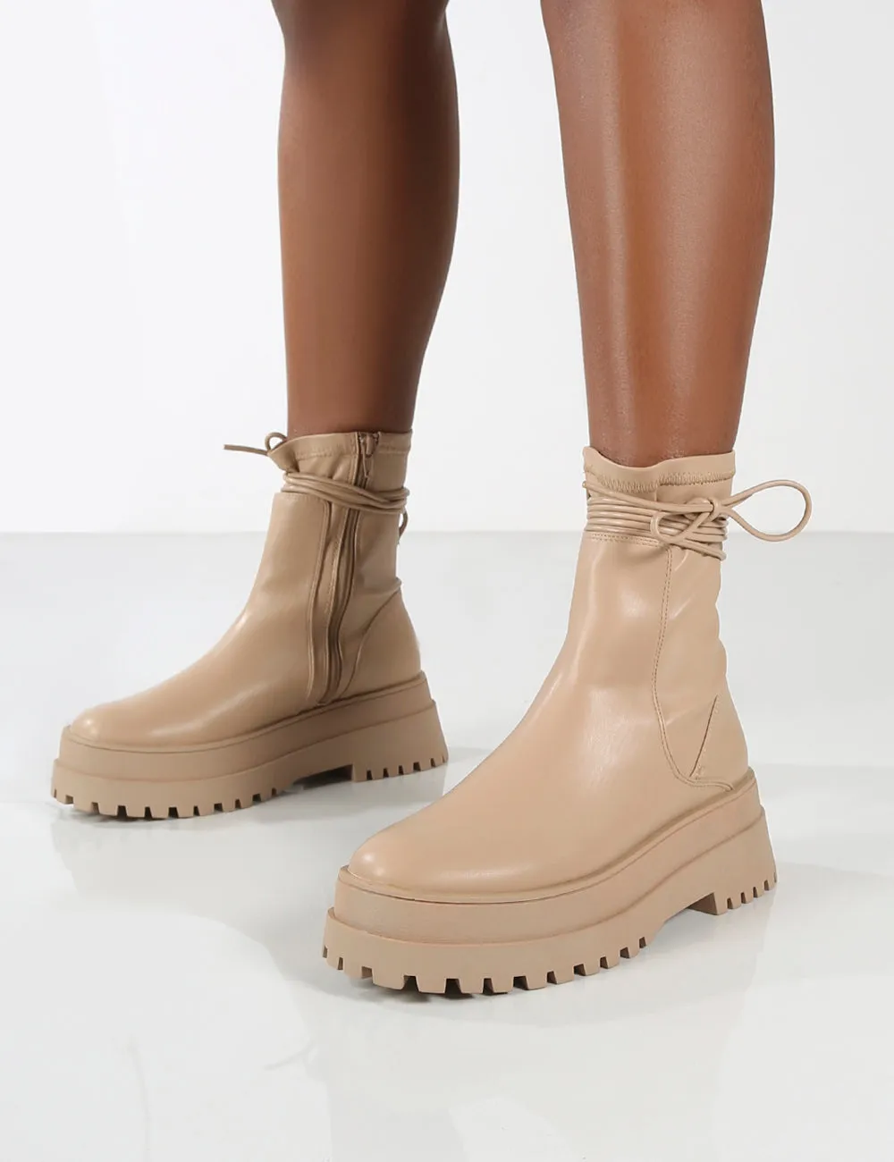 Finale Wide Fit Nude Chunky Sole Ankle Wrap Boots