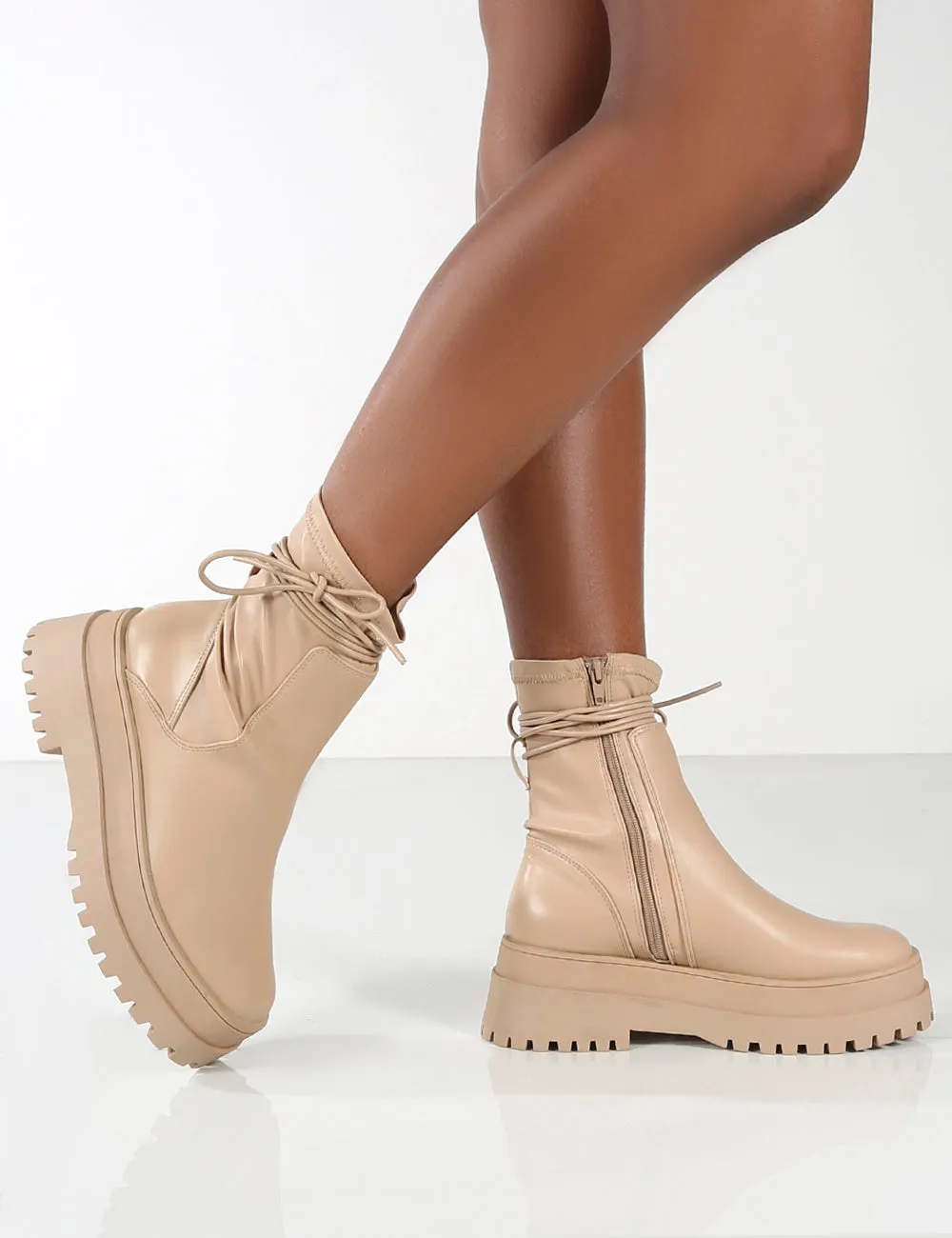 Finale Wide Fit Nude Chunky Sole Ankle Wrap Boots