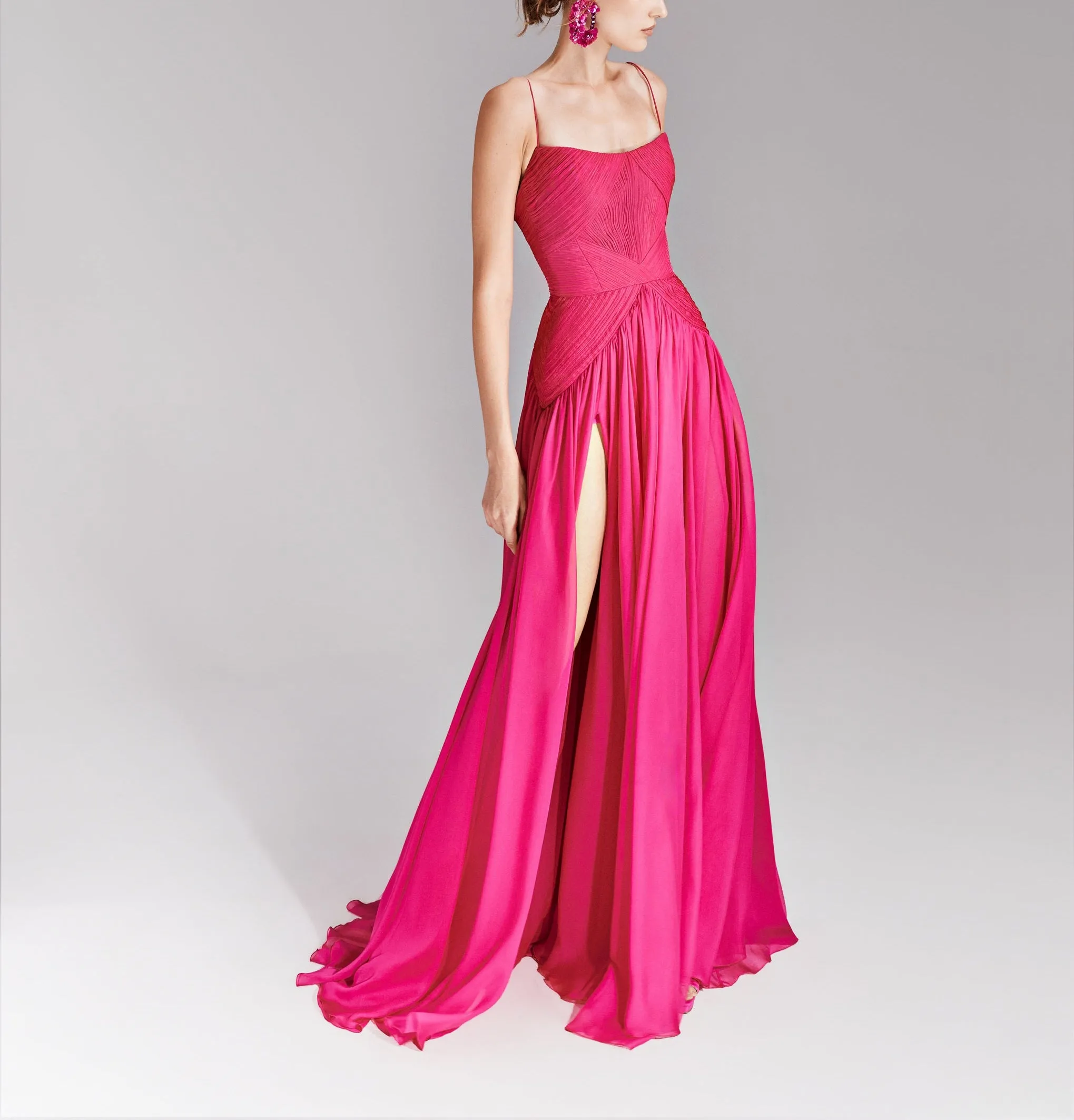 Fuschia Dress with High Slit Chiffon Skirt