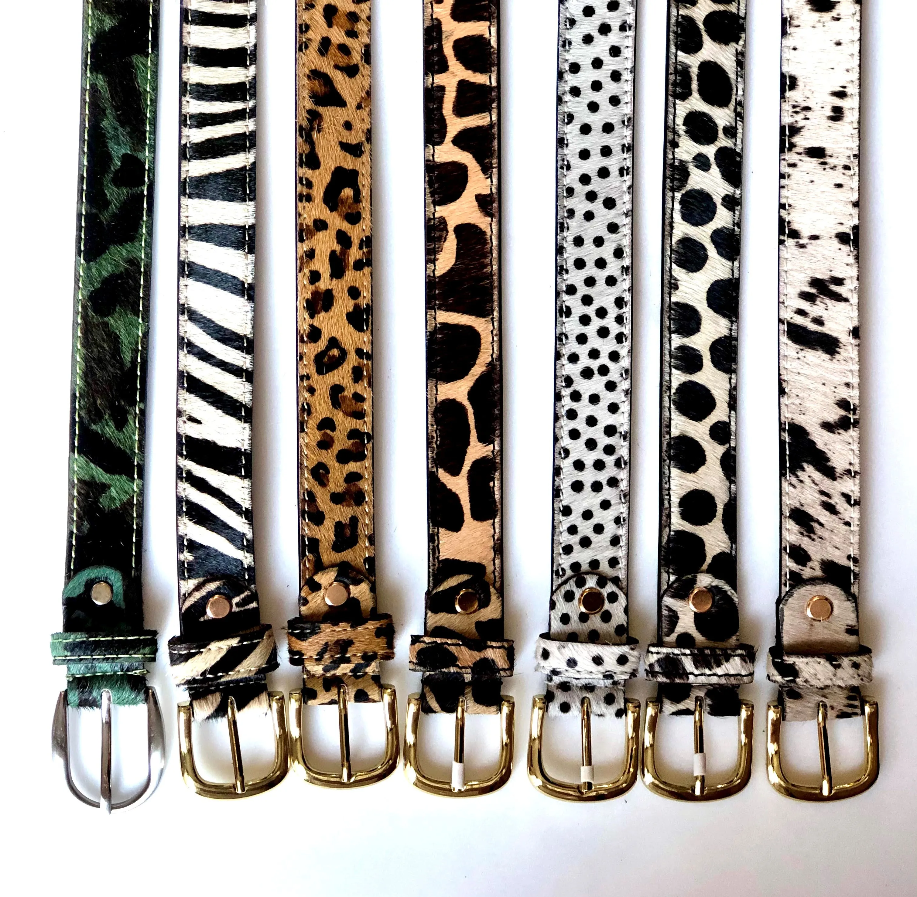 Giraffe hair-on-hide leather women belt Gold buckle