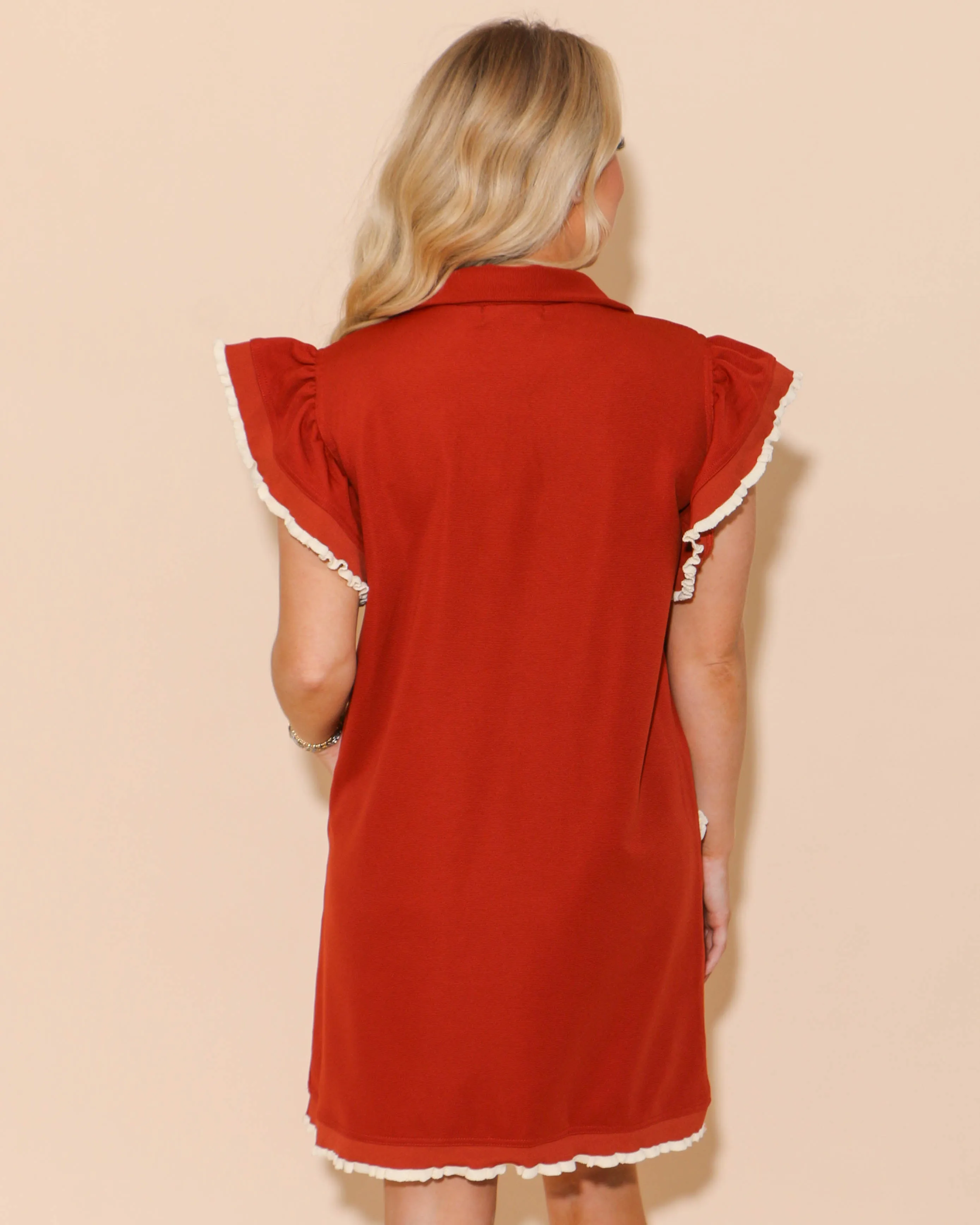 Half Zip Collared Ruffle Mini Dress in Rust