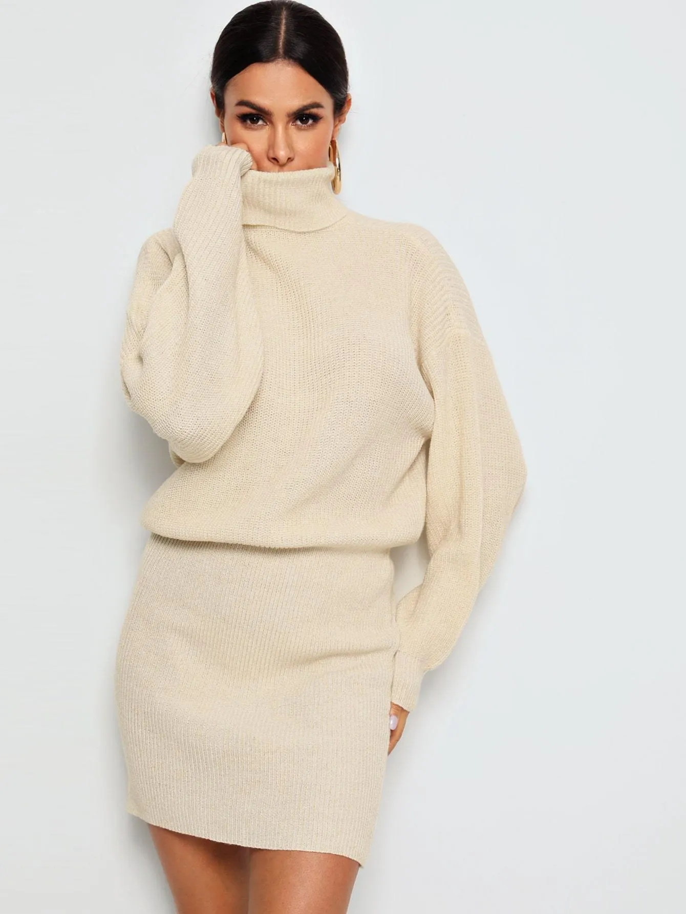 High Neck Rib-Knit Blouson Jumper Dress