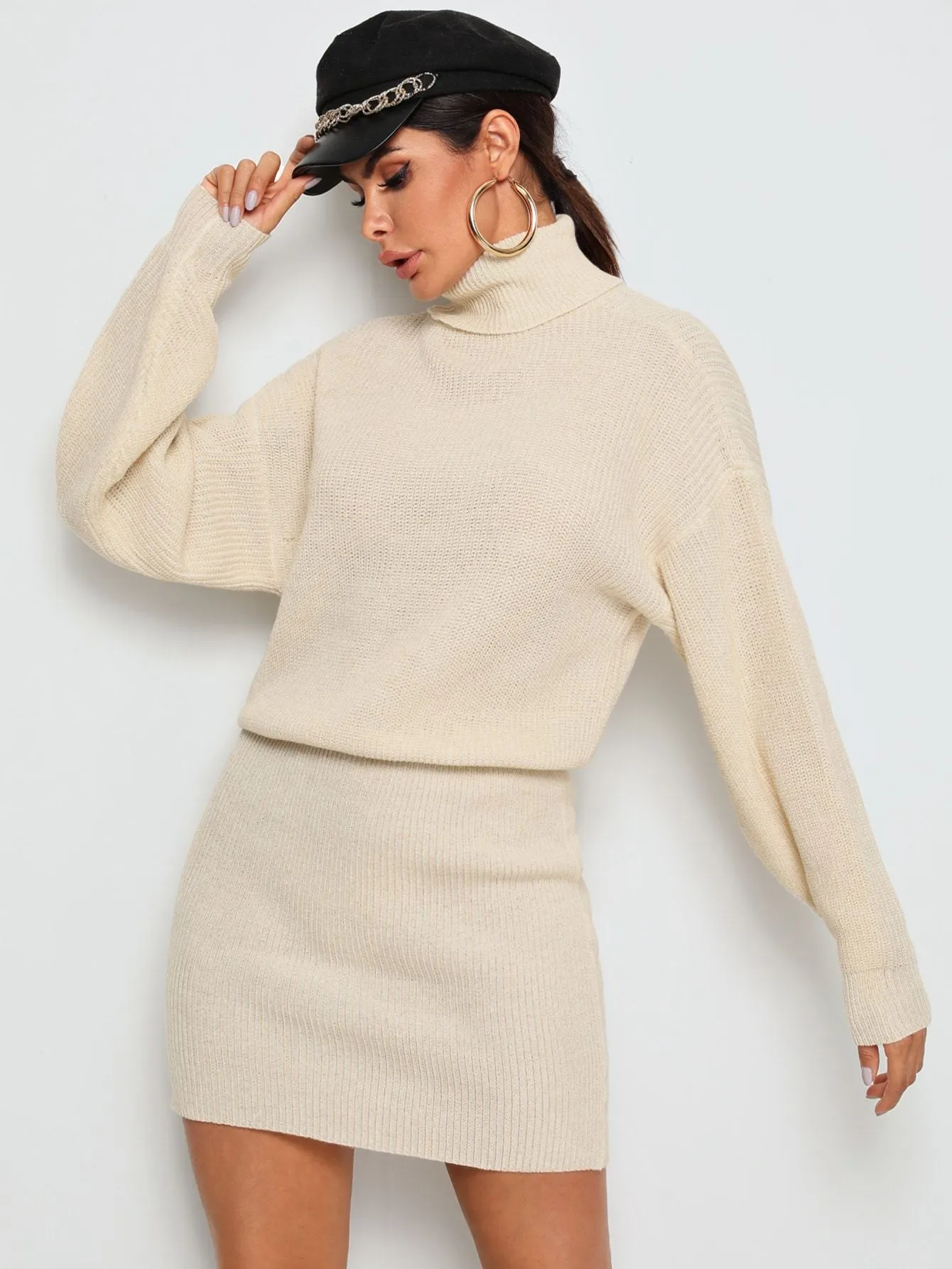 High Neck Rib-Knit Blouson Jumper Dress