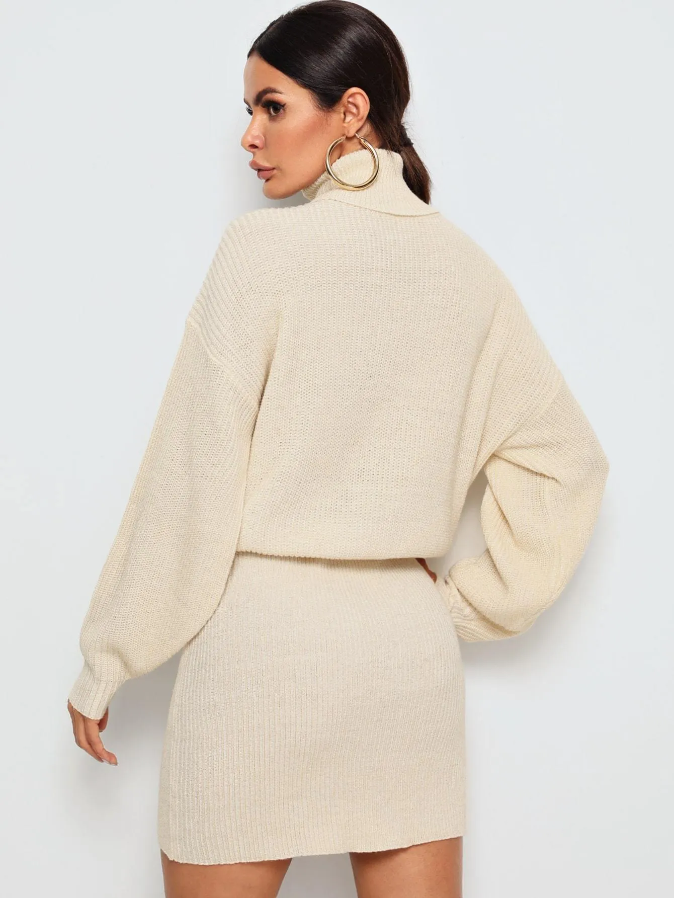High Neck Rib-Knit Blouson Jumper Dress