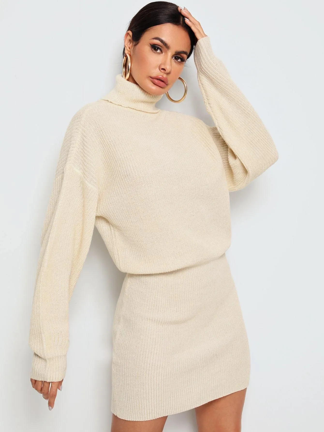 High Neck Rib-Knit Blouson Jumper Dress