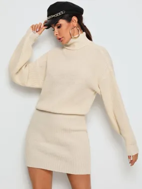 High Neck Rib-Knit Blouson Jumper Dress