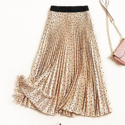 High Waist Dot Pleated Mid-calf Empire Women Skirts