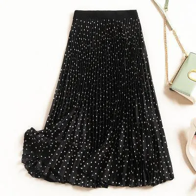 High Waist Dot Pleated Mid-calf Empire Women Skirts