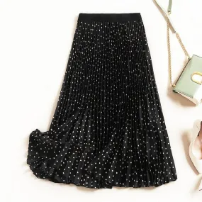 High Waist Dot Pleated Mid-calf Empire Women Skirts