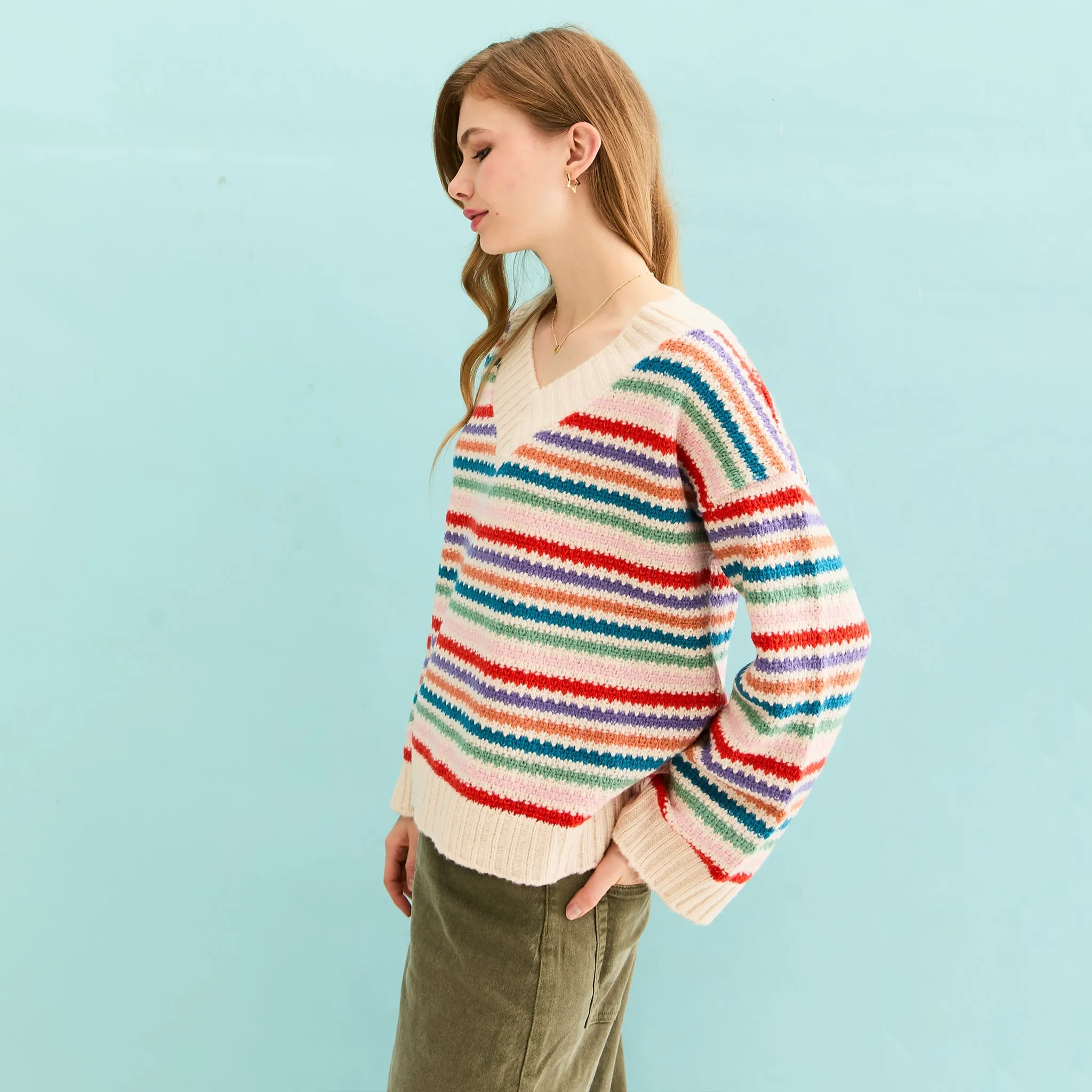 Jasmine Wide Sleeve V Neck Striped Jumper - Off White