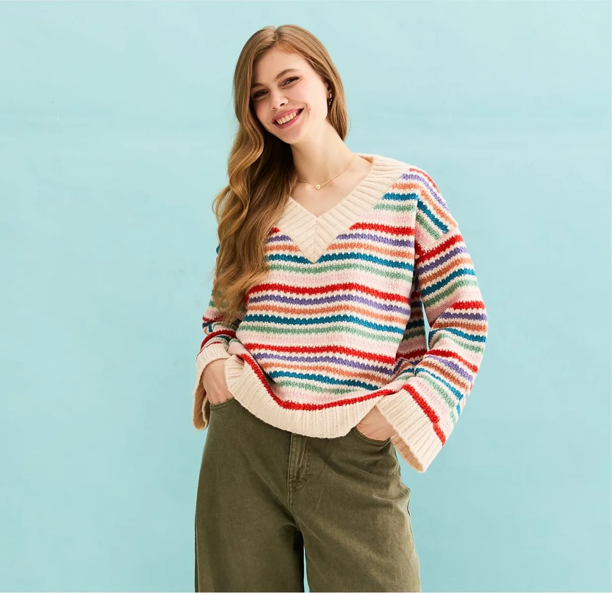 Jasmine Wide Sleeve V Neck Striped Jumper - Off White