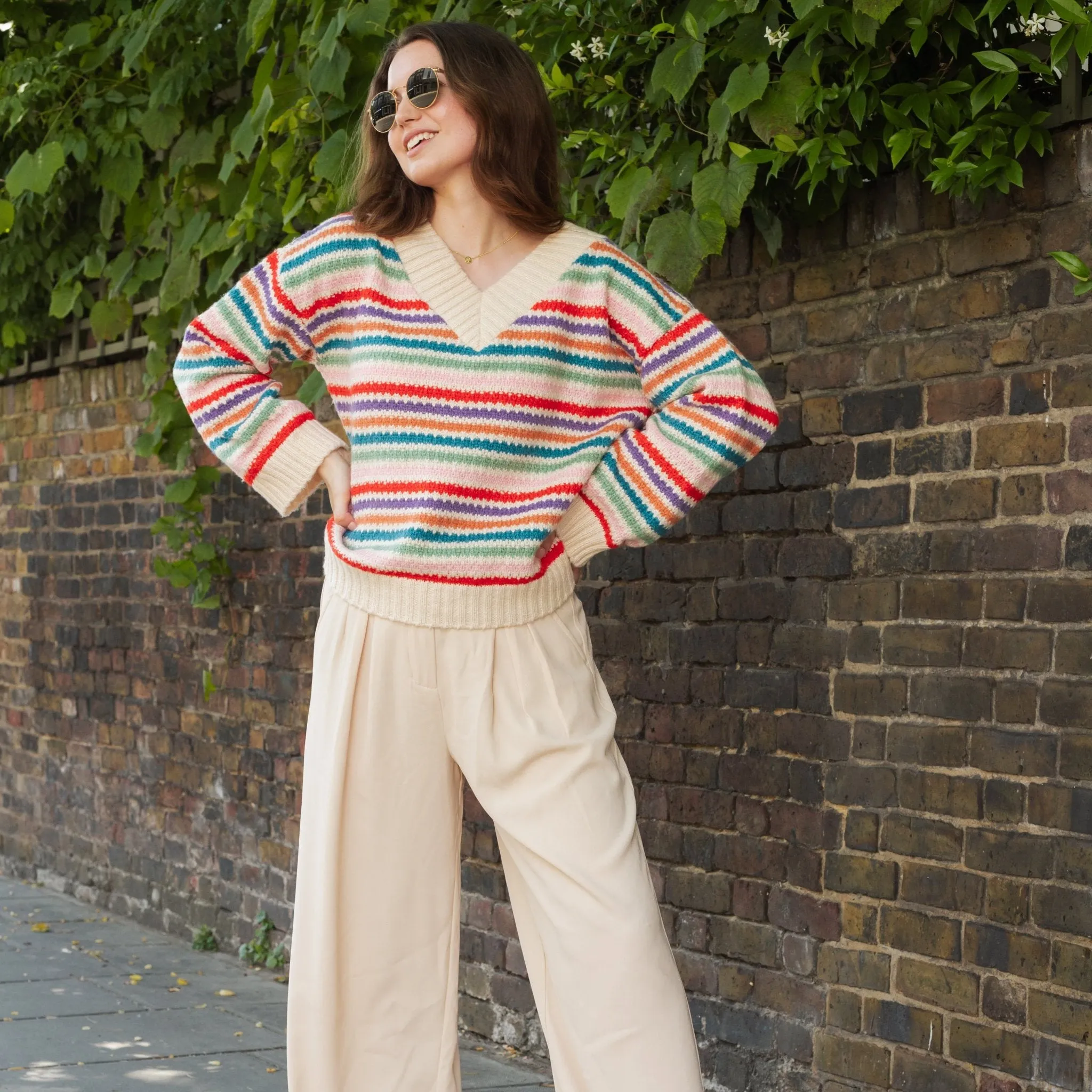 Jasmine Wide Sleeve V Neck Striped Jumper - Off White