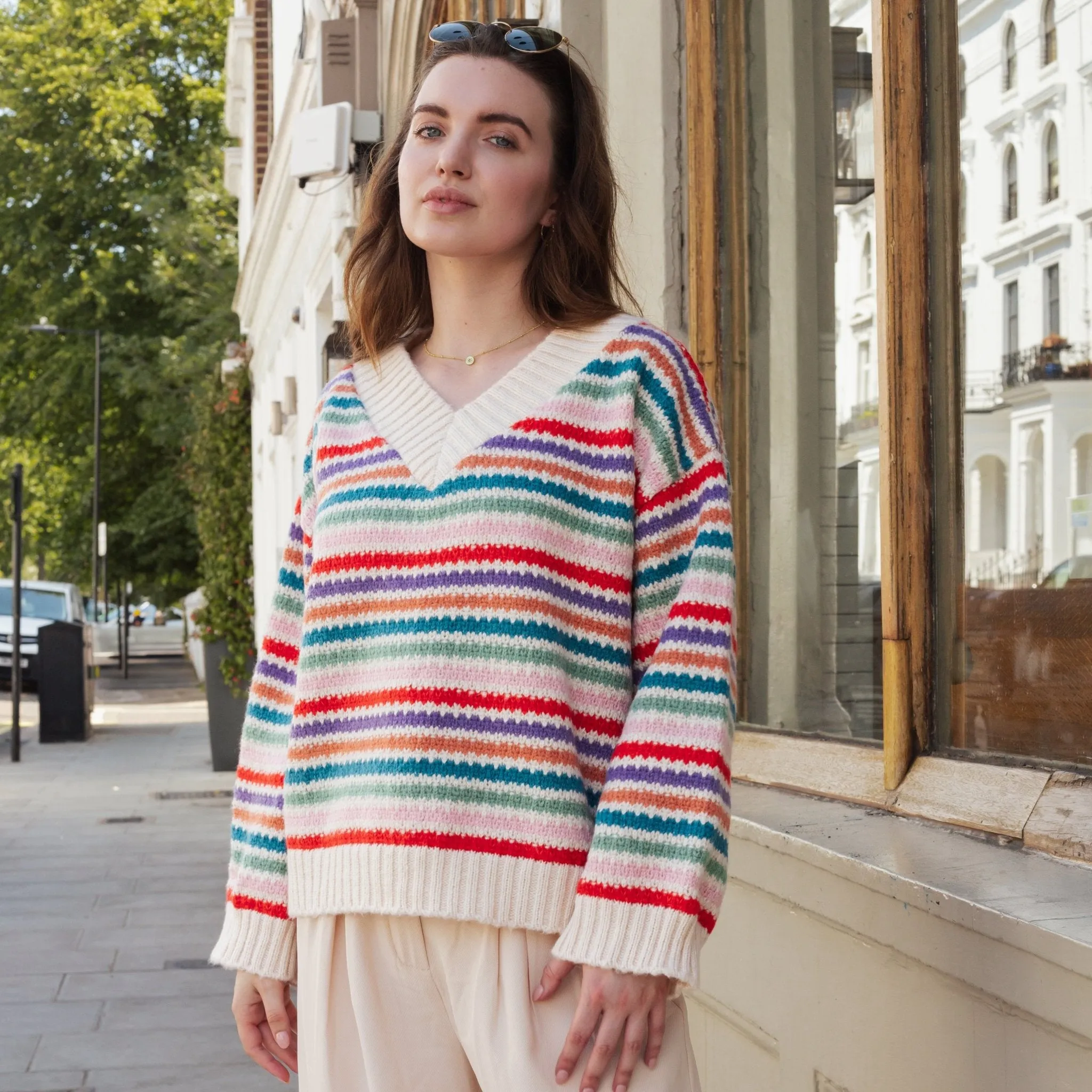 Jasmine Wide Sleeve V Neck Striped Jumper - Off White