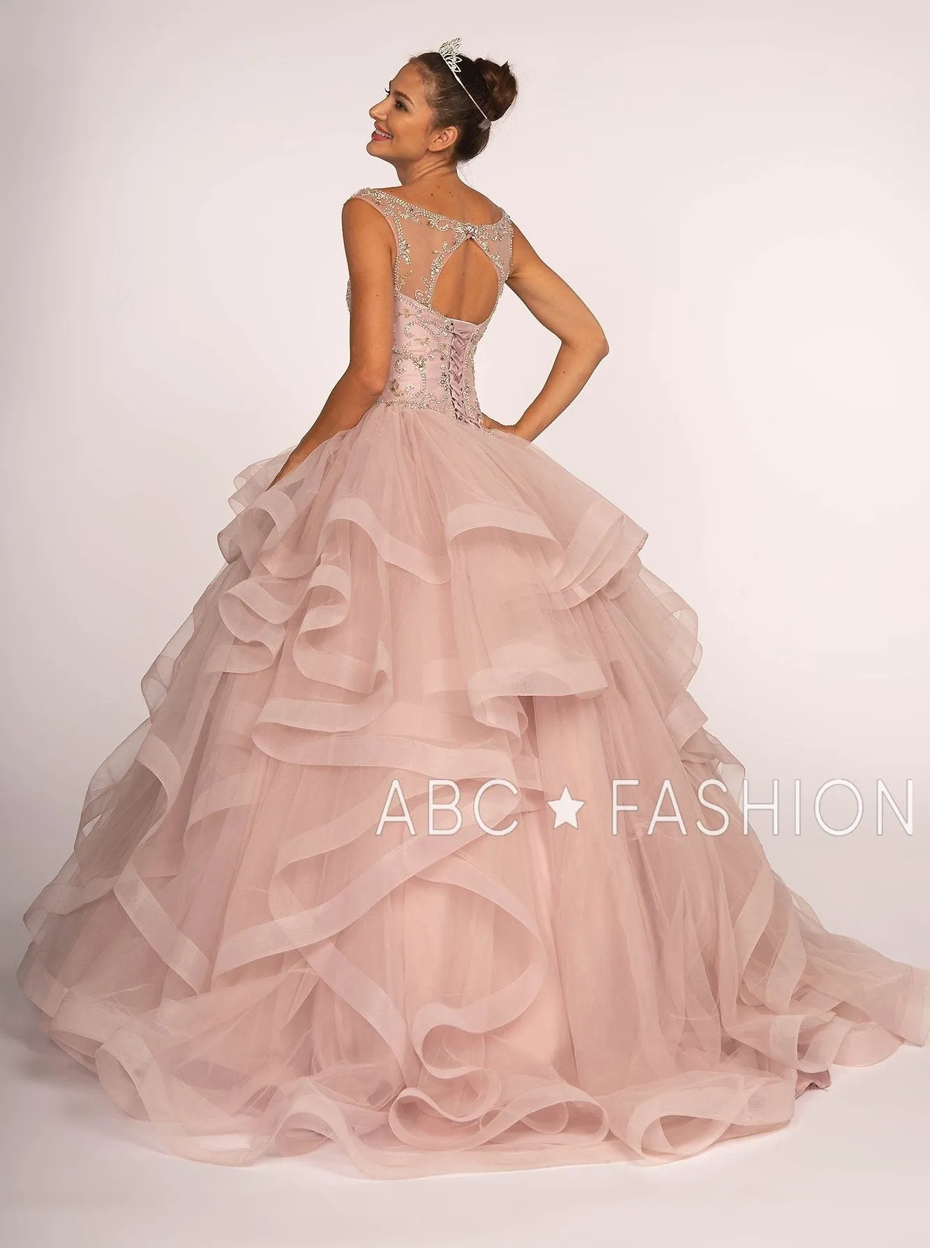Jeweled Illusion Ball Gown with Layered Skirt by Elizabeth K GL2517