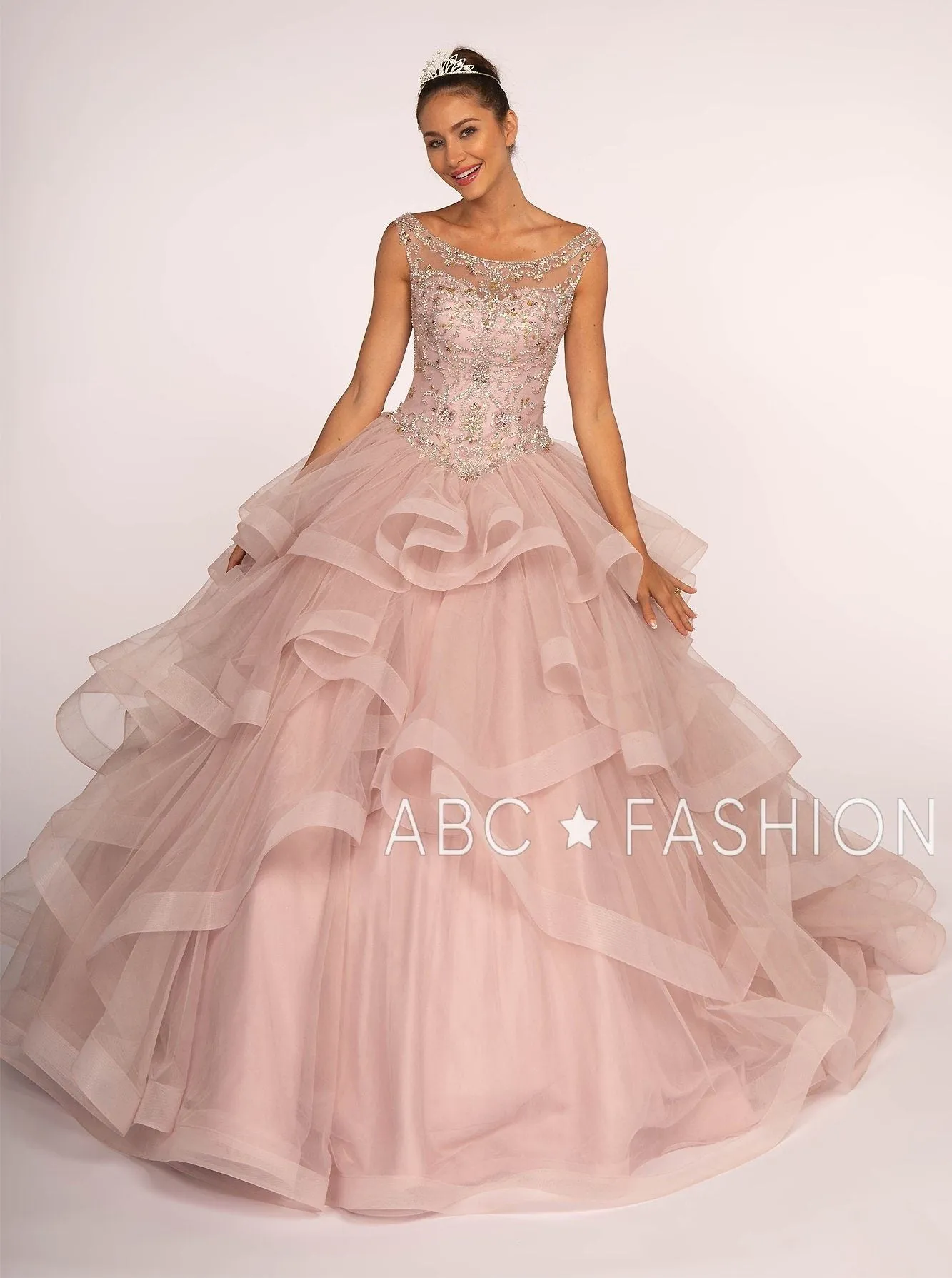 Jeweled Illusion Ball Gown with Layered Skirt by Elizabeth K GL2517