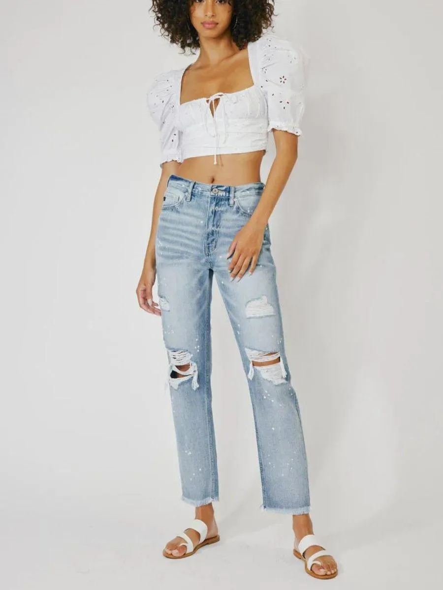 Kancan USA Splatter Matters High-Rise Straight-Cut Distressed Jeans