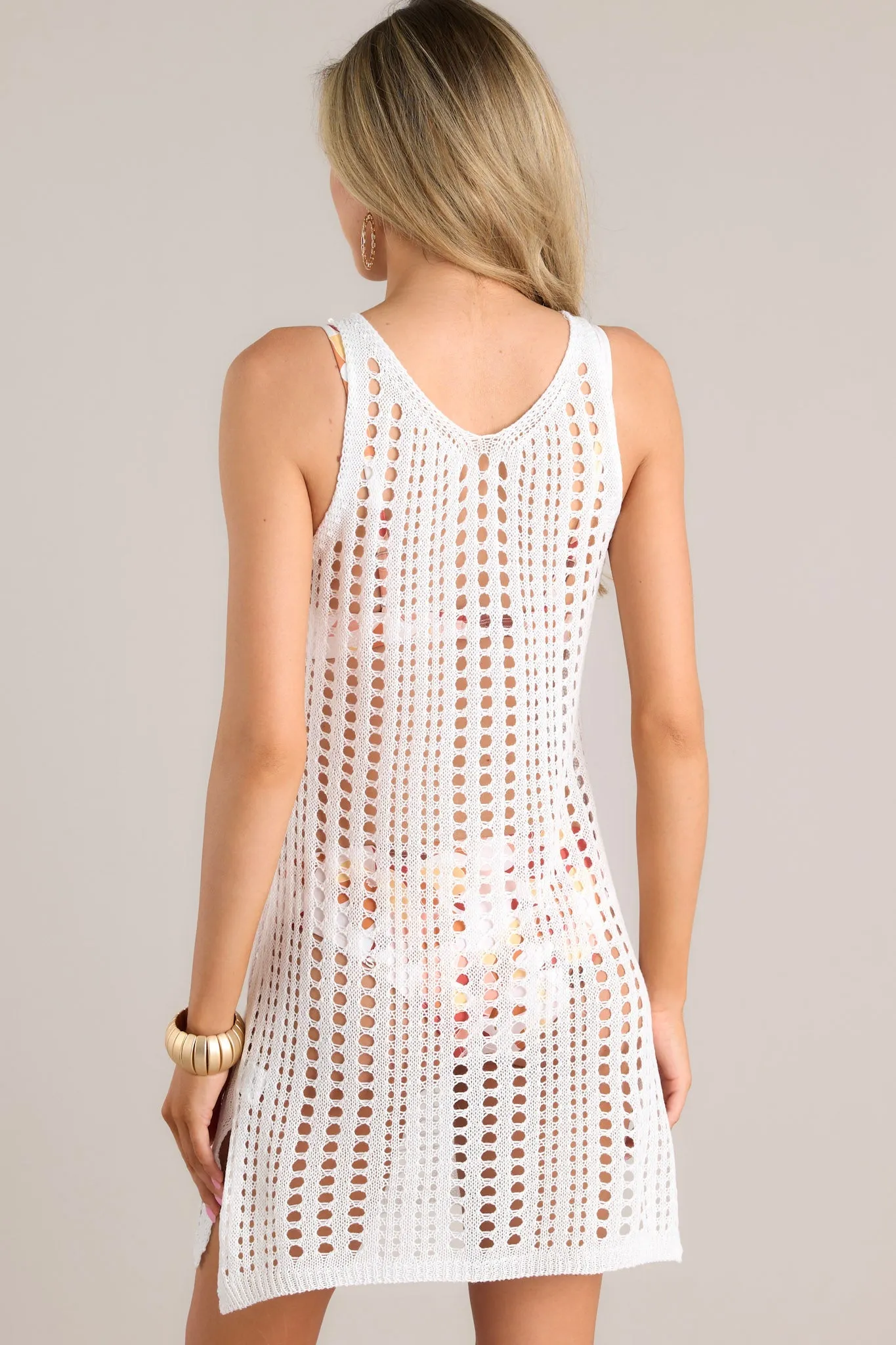 Kind Of Coastal White Open Knit Mini Cover Up Dress
