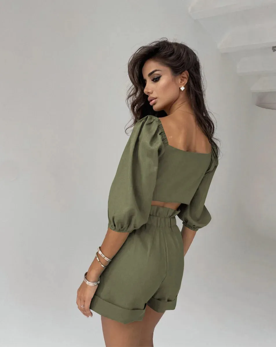 Linen Crop Top with Shorts Set