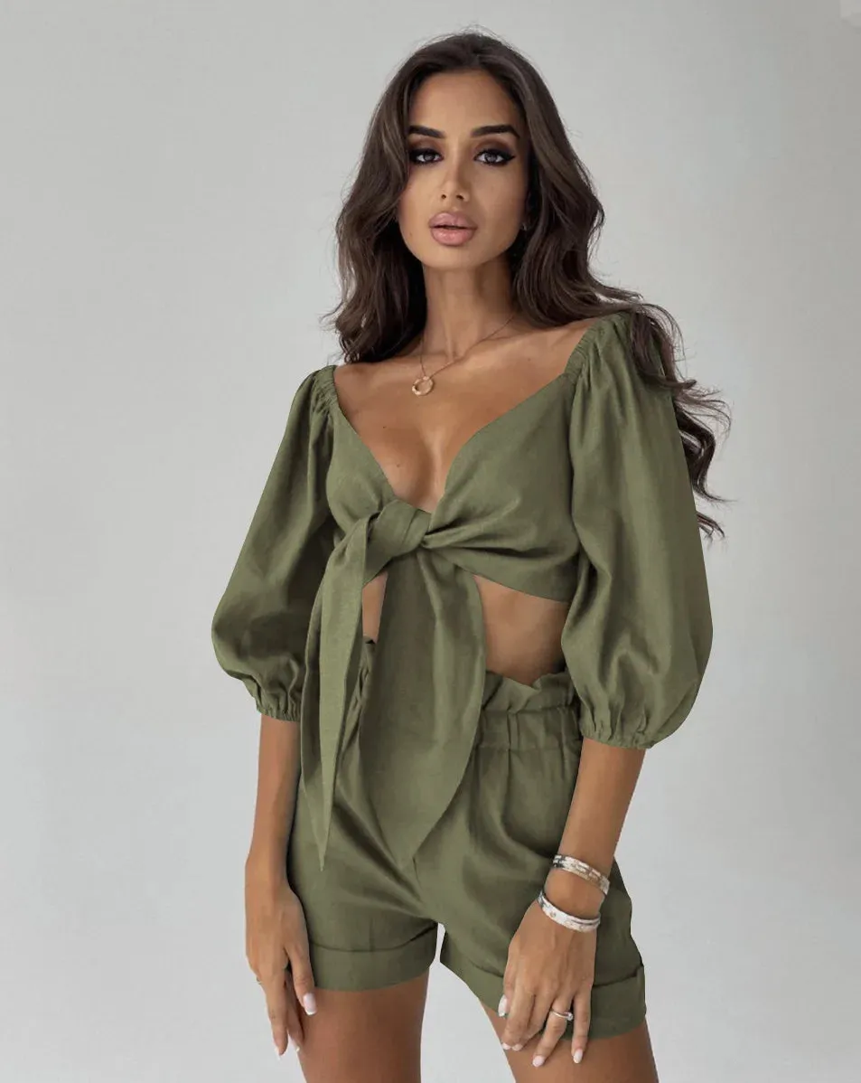 Linen Crop Top with Shorts Set