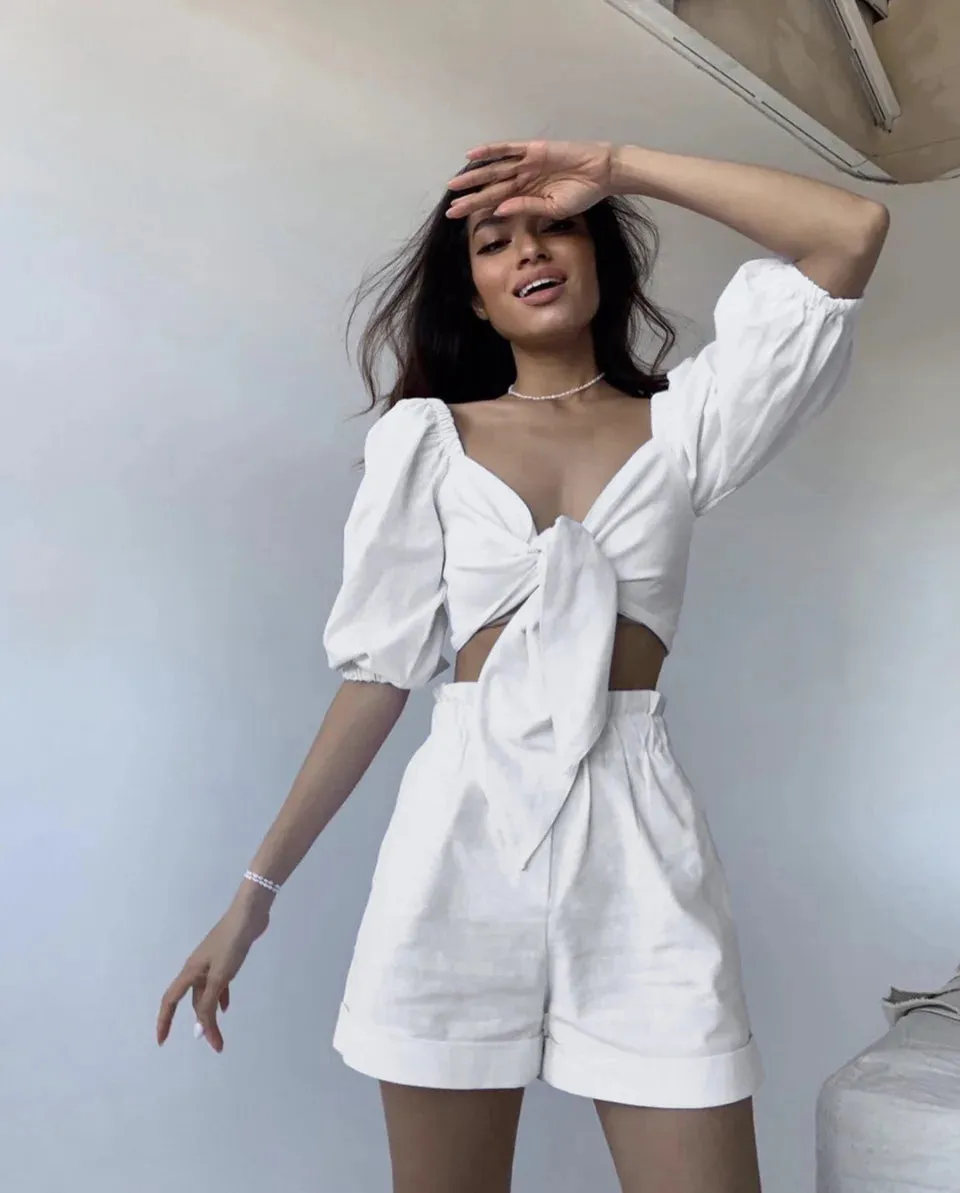 Linen Crop Top with Shorts Set