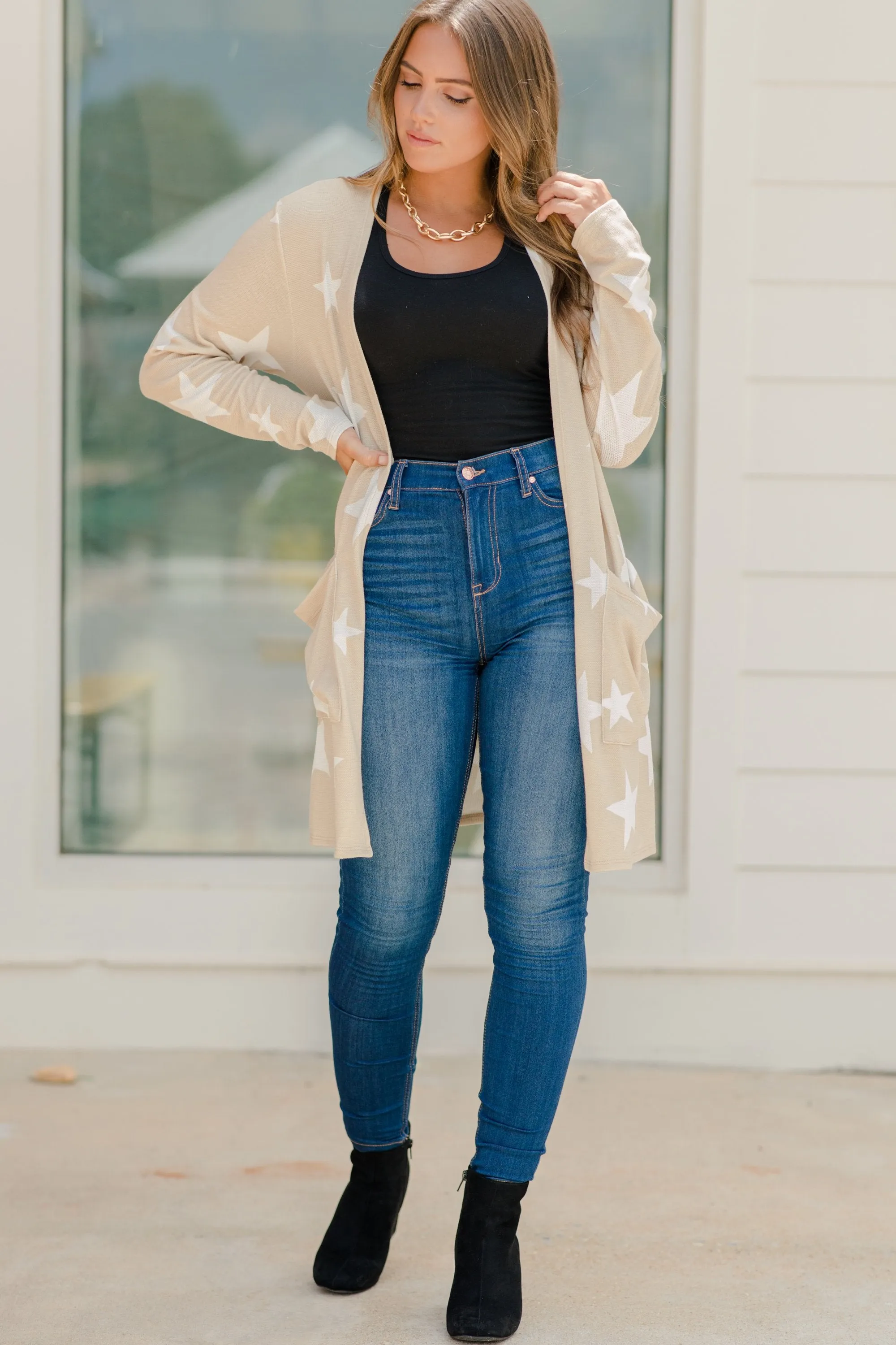 Make A Difference Taupe Brown Star Cardigan