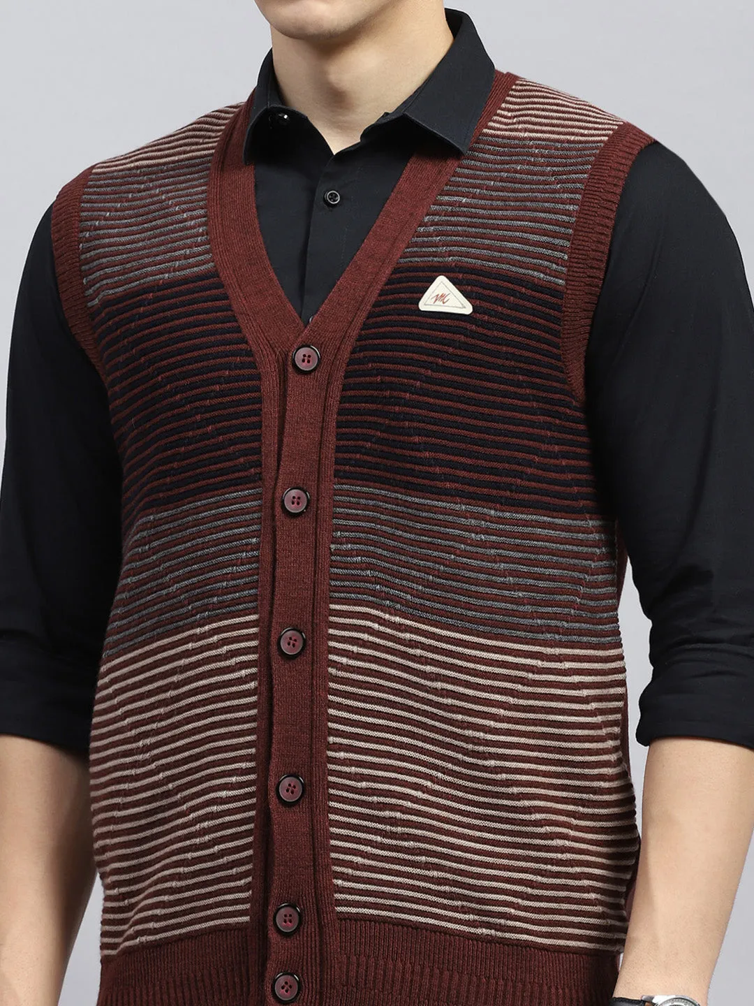 Men Rust Stripe V Neck Sleeveless Cardigan