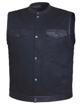 Men's Matt Black Denim Vest with Leather Trim