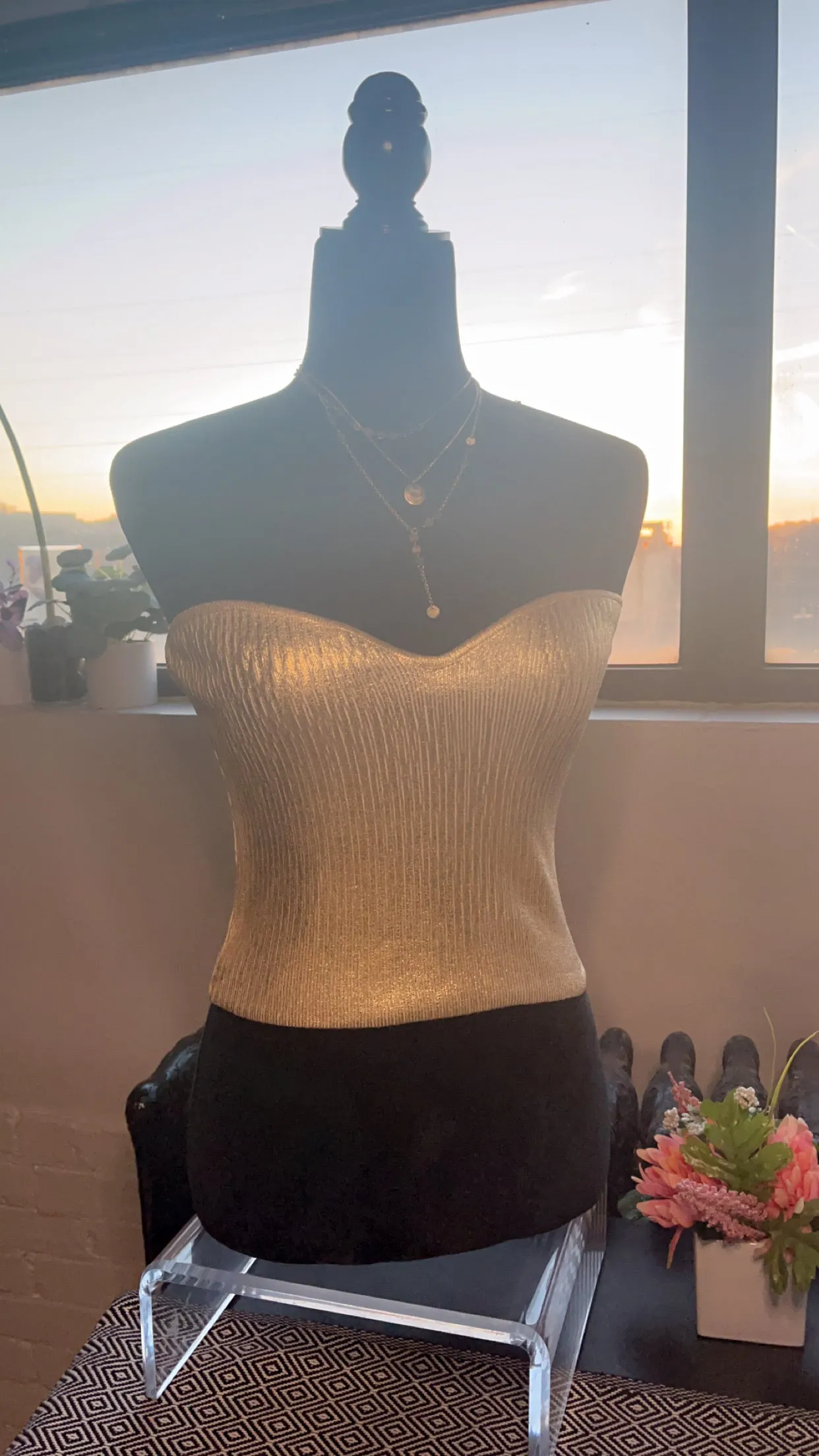 Metallic, Metal Foil Coated Knit Sweetheart Tube Top: GOLD