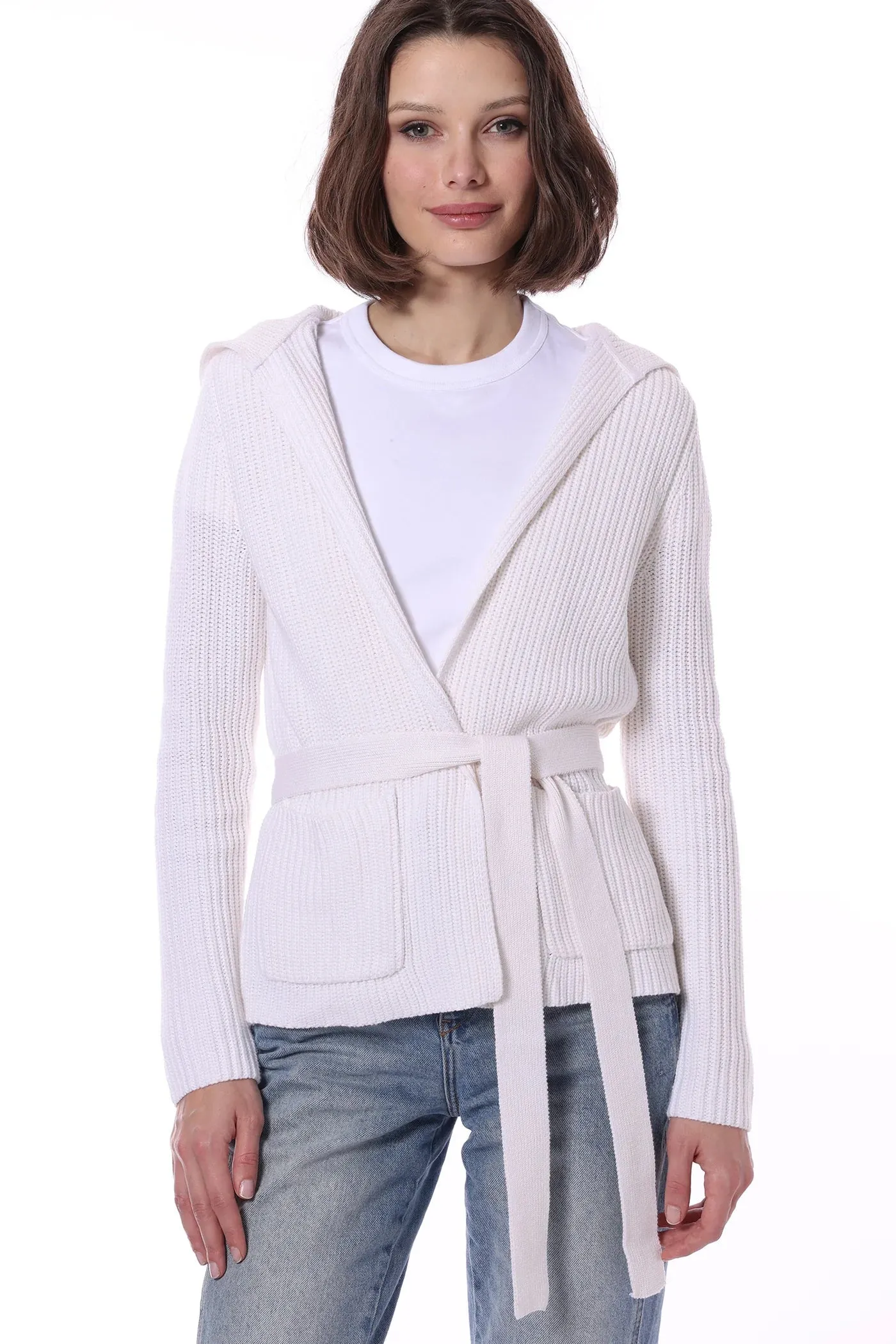 Minnie Rose Cashmere 5GG Shaker Hooded Flyway Cardigan White