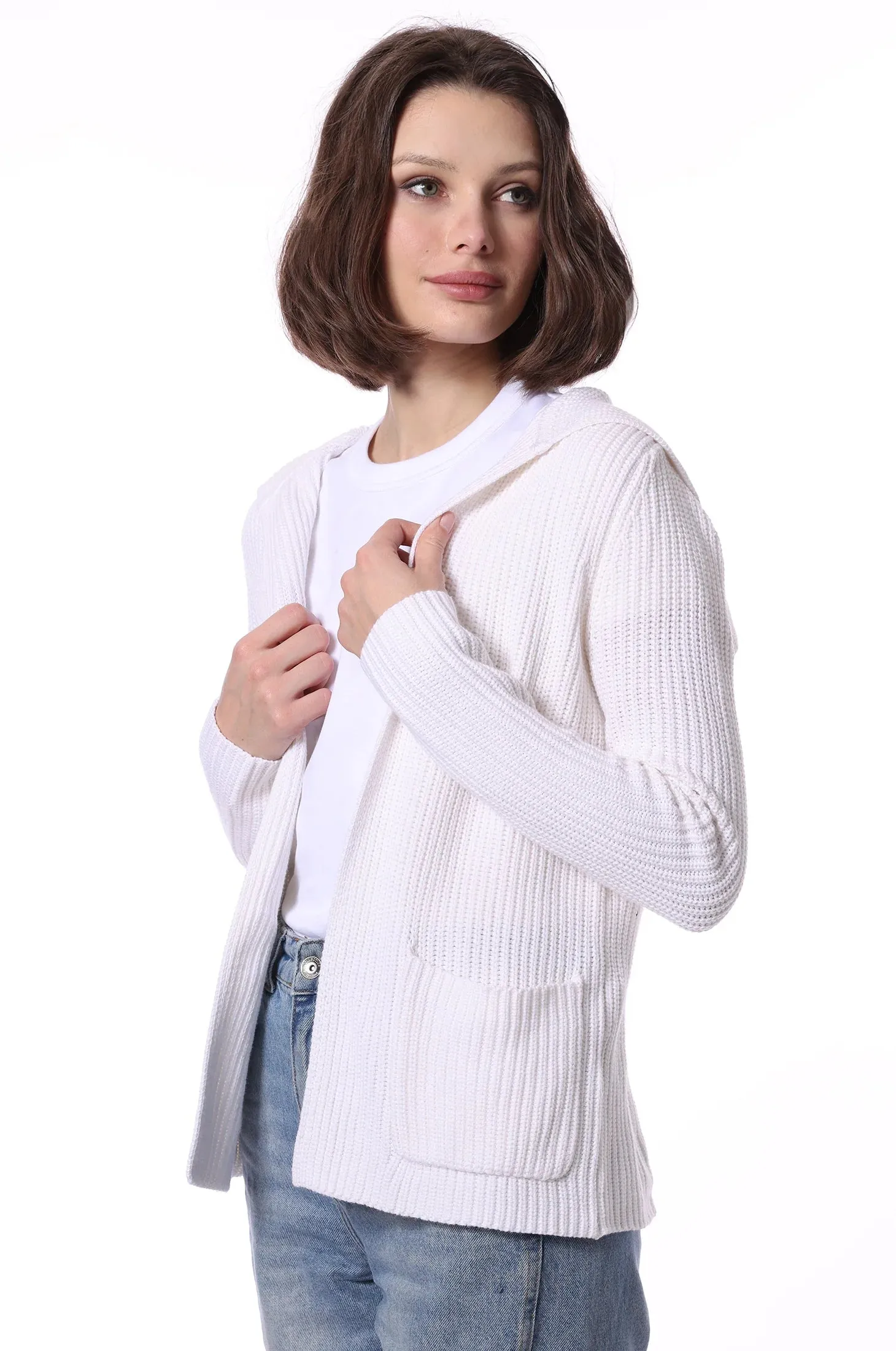 Minnie Rose Cashmere 5GG Shaker Hooded Flyway Cardigan White