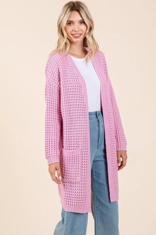 Mittoshop Pink Waffle-Knit Cardigan Open Front Long Sleeve Longline Pocketed