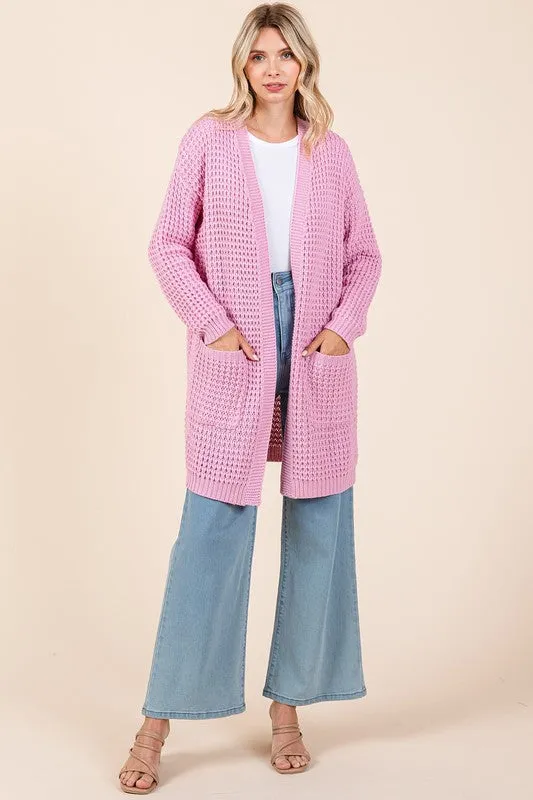 Mittoshop Pink Waffle-Knit Cardigan Open Front Long Sleeve Longline Pocketed