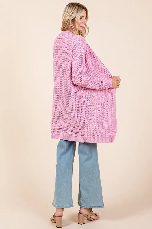 Mittoshop Pink Waffle-Knit Cardigan Open Front Long Sleeve Longline Pocketed