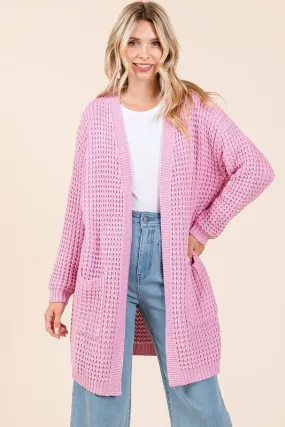 Mittoshop Pink Waffle-Knit Cardigan Open Front Long Sleeve Longline Pocketed