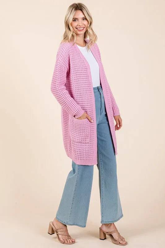 Mittoshop Pink Waffle-Knit Cardigan Open Front Long Sleeve Longline Pocketed