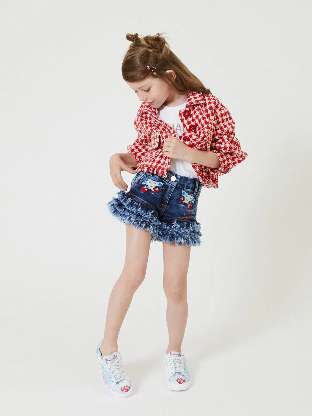 MONNALISA Denim Shorts embroidered with cherries