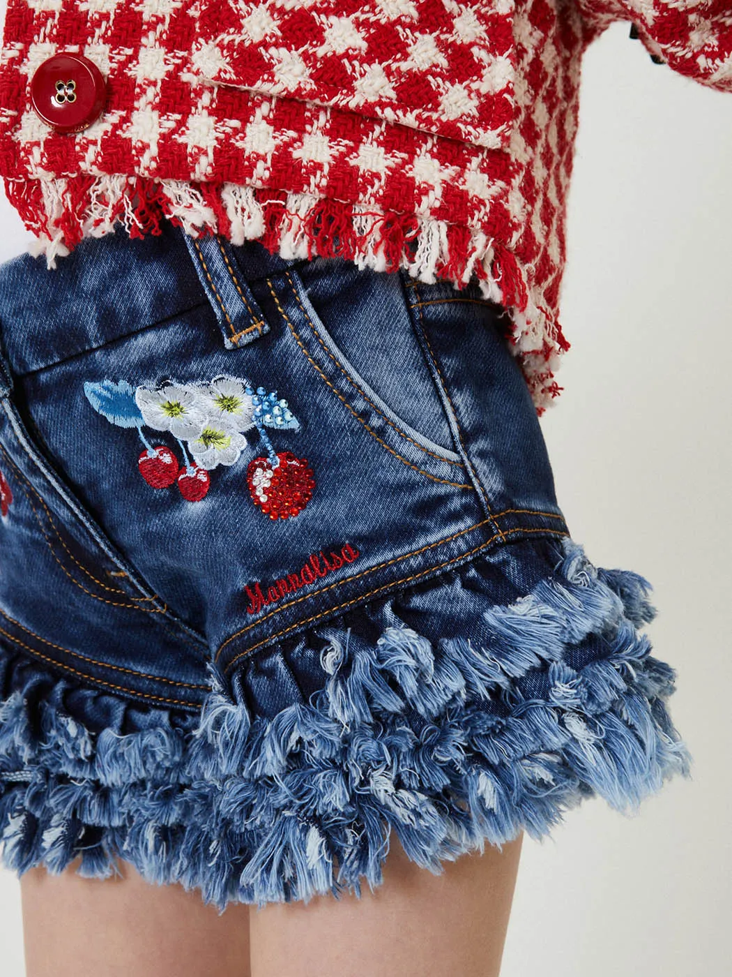 MONNALISA Denim Shorts embroidered with cherries