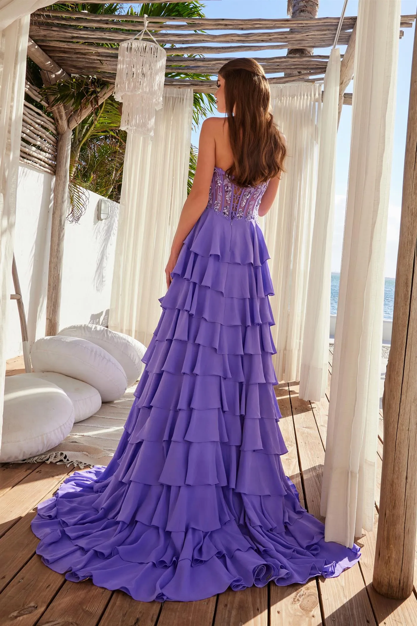 N Y1551 - Strapless Layered Ruffle Chiffon A-Line Prom Gown with Sheer Beaded 3D Floral Bodice & Open Lace Up Back