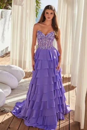 N Y1551 - Strapless Layered Ruffle Chiffon A-Line Prom Gown with Sheer Beaded 3D Floral Bodice & Open Lace Up Back