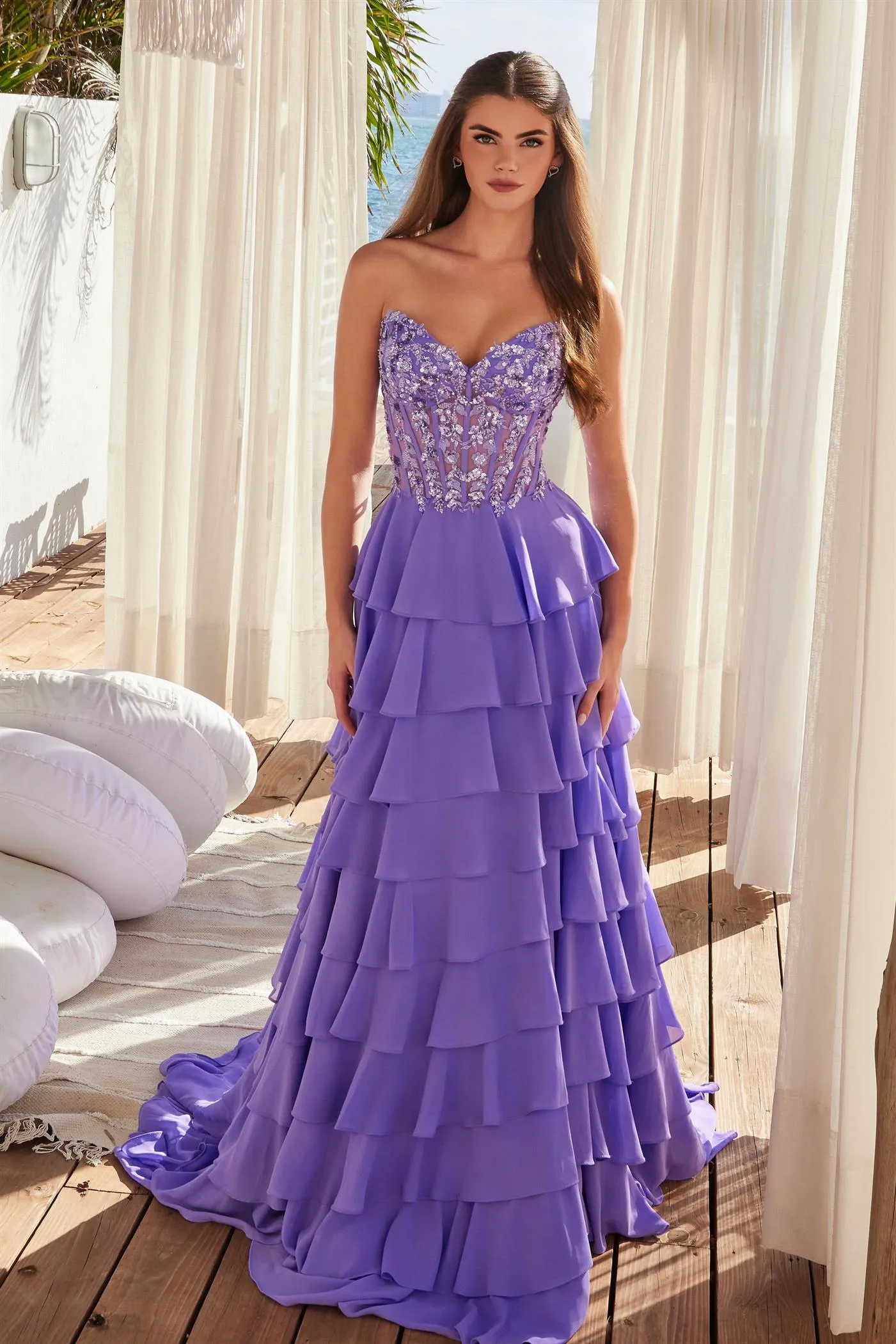 N Y1551 - Strapless Layered Ruffle Chiffon A-Line Prom Gown with Sheer Beaded 3D Floral Bodice & Open Lace Up Back