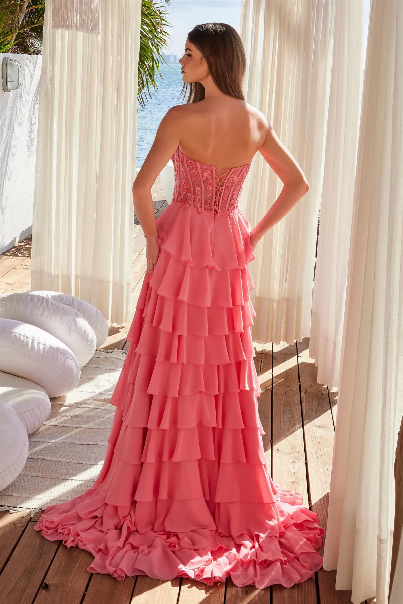N Y1551 - Strapless Layered Ruffle Chiffon A-Line Prom Gown with Sheer Beaded 3D Floral Bodice & Open Lace Up Back