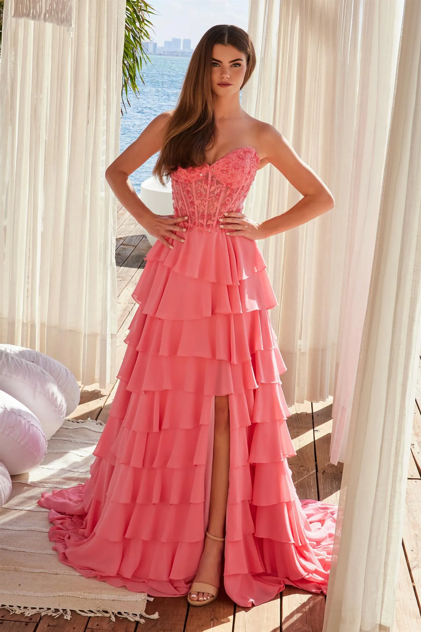 N Y1551 - Strapless Layered Ruffle Chiffon A-Line Prom Gown with Sheer Beaded 3D Floral Bodice & Open Lace Up Back
