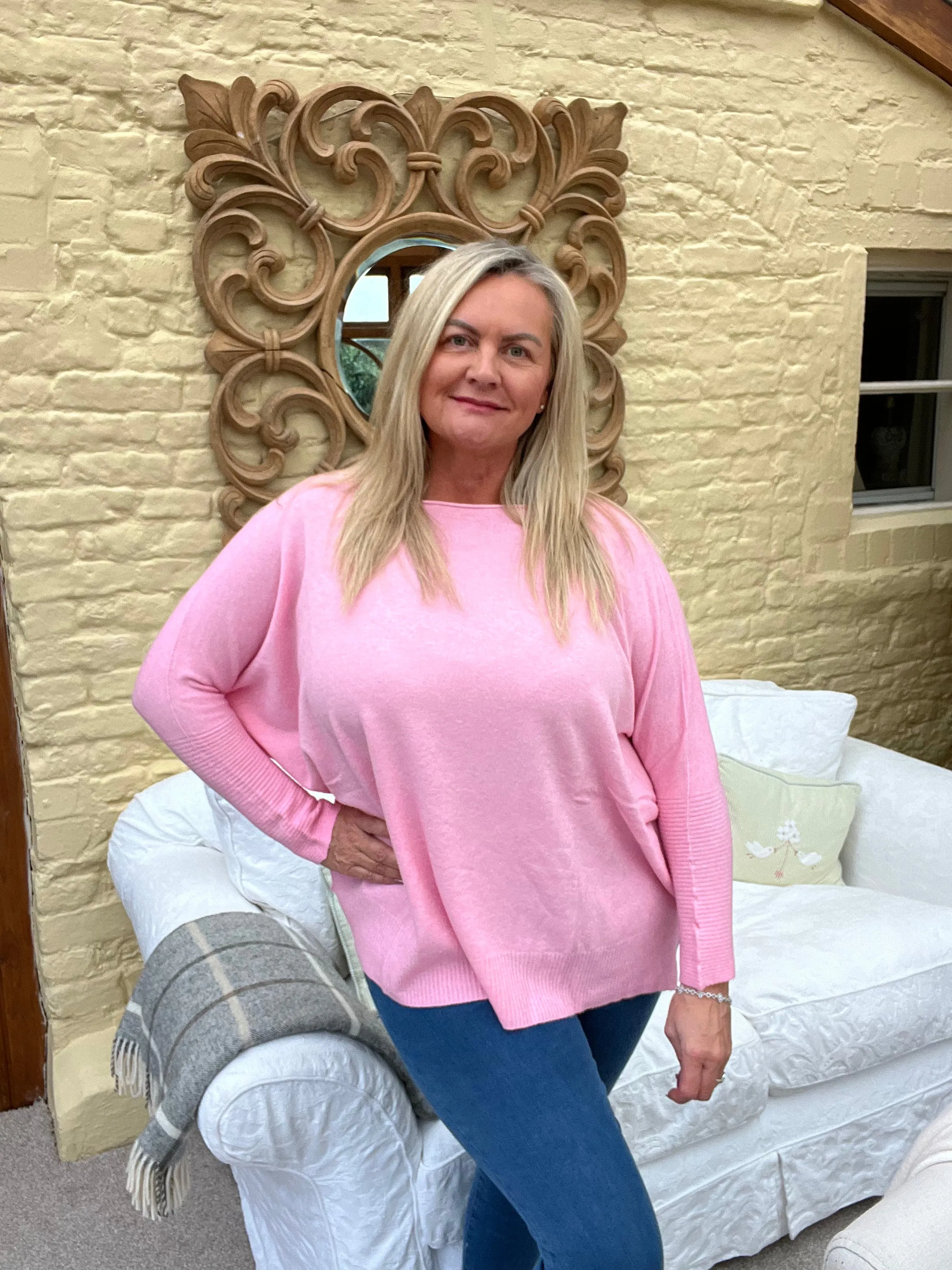 Naples Relaxed Batwing Ribbed Long Sleeves Jumper Baby Pink