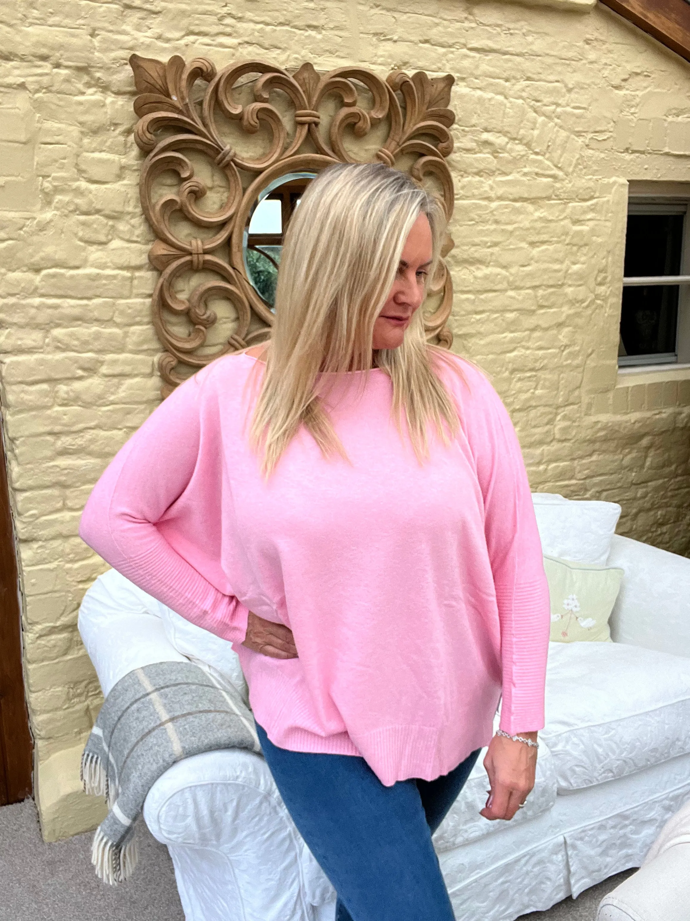 Naples Relaxed Batwing Ribbed Long Sleeves Jumper Baby Pink