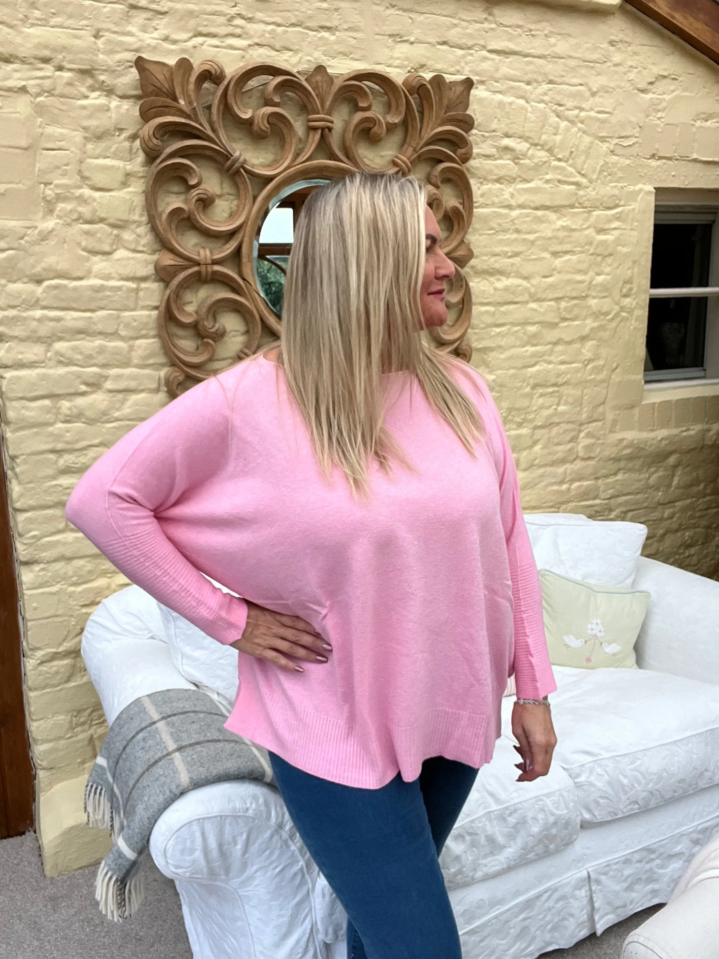 Naples Relaxed Batwing Ribbed Long Sleeves Jumper Baby Pink